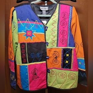 Women's Sz M Indigo Moon Colorblock Jacket W/ Embroidered Accents QVC Style~ NWT